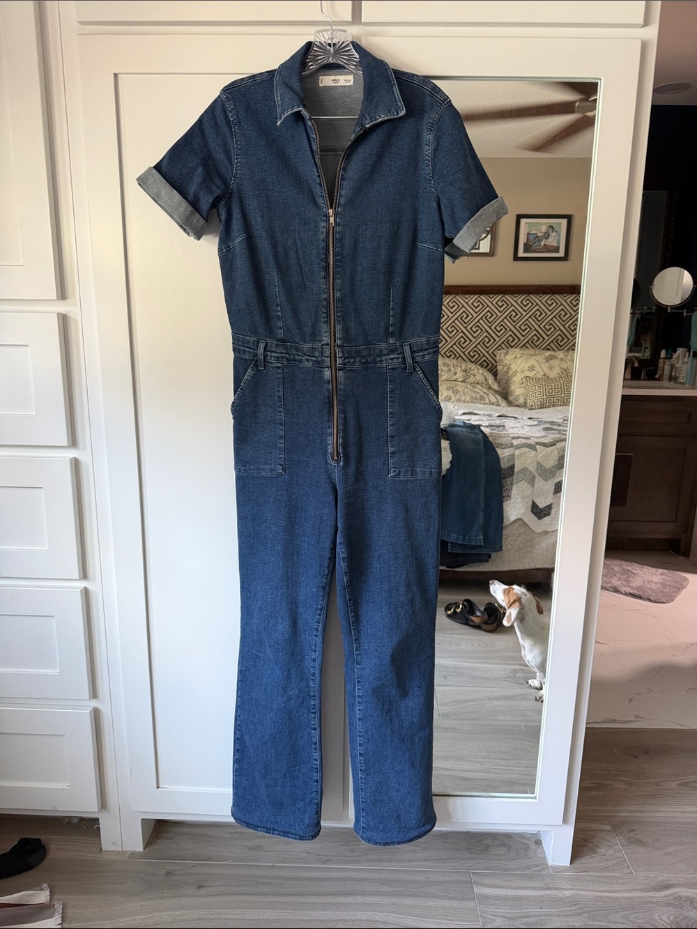 MNG Denim Short-Sleeve Zip-Front Jumpsuit - Dark Blue - XL